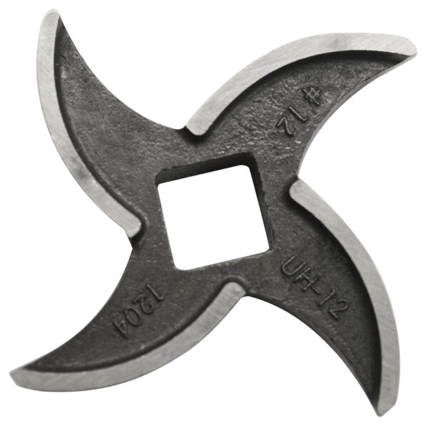 A Globe chopper knife attachment for a meat grinder with a black and silver star-shaped blade.