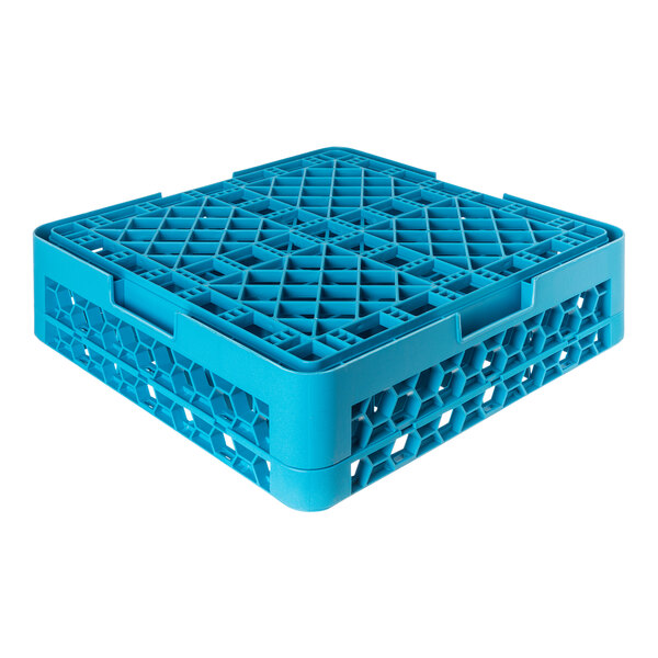 A blue plastic glass rack with 36 compartments and one extender.