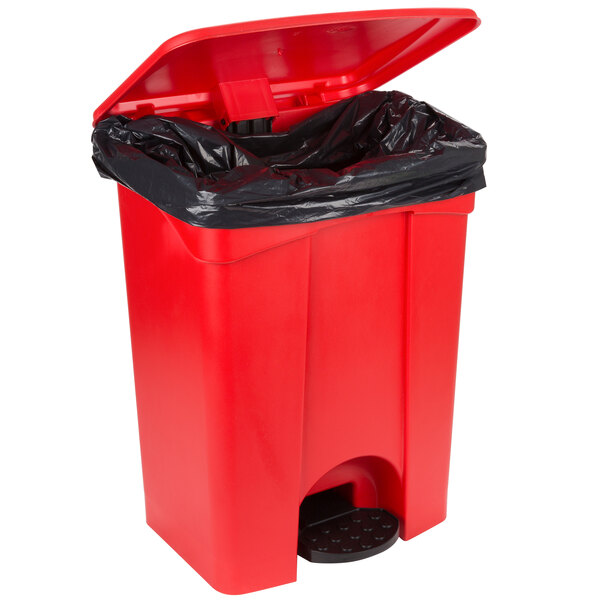 A red Continental rectangular trash can with a black lid.
