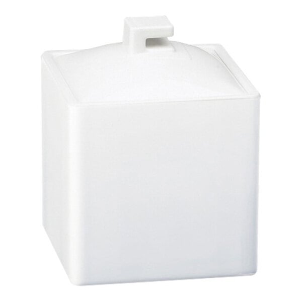 A white, square melamine jar with a matching lid and a small handle on top.