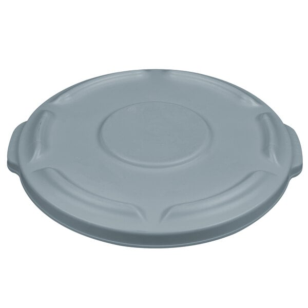 A Rubbermaid grey plastic lid with a circle and a handle.
