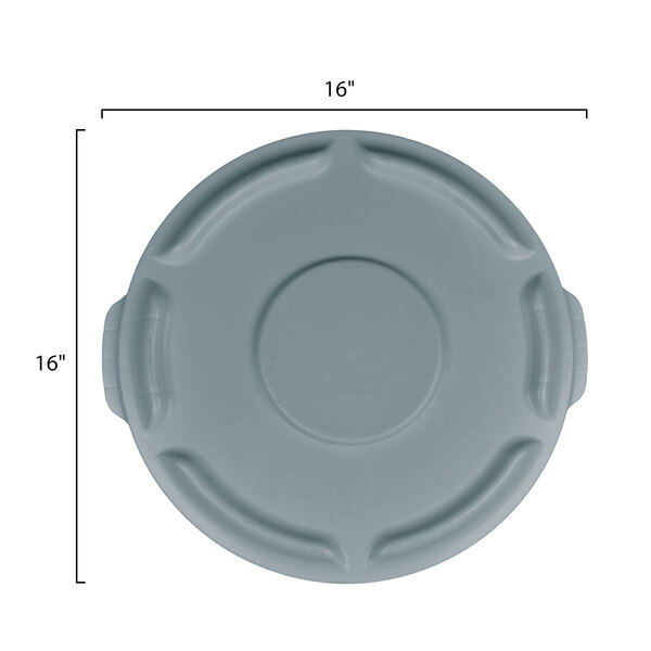 A Rubbermaid grey plastic lid for a round trash can with a handle.