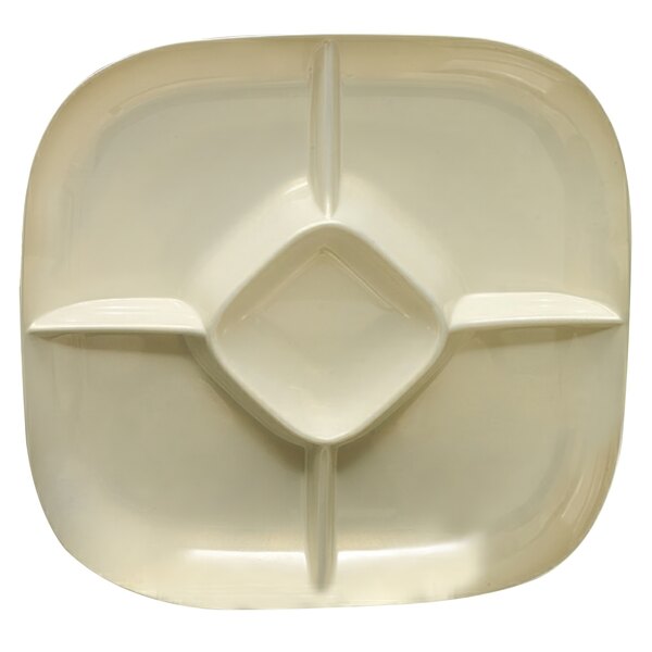 A white square Thunder Group Passion Pearl chip and dip platter with four compartments.