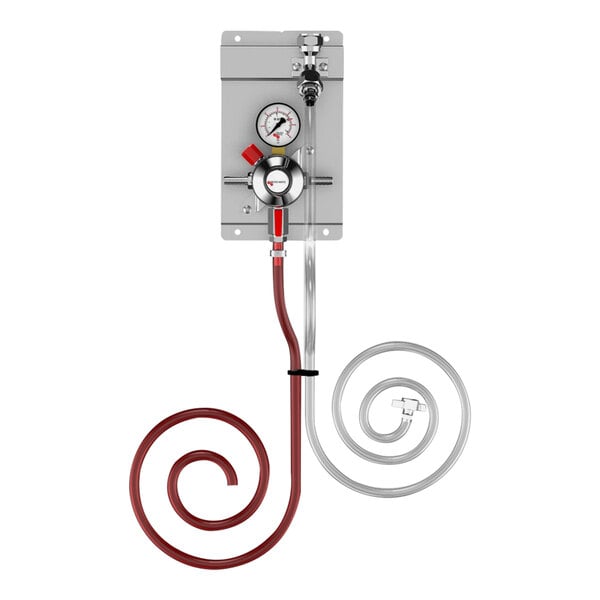 A Micro Matic Secondary CO2 Regulator Panel with a red and white pressure gauge and a red hose.