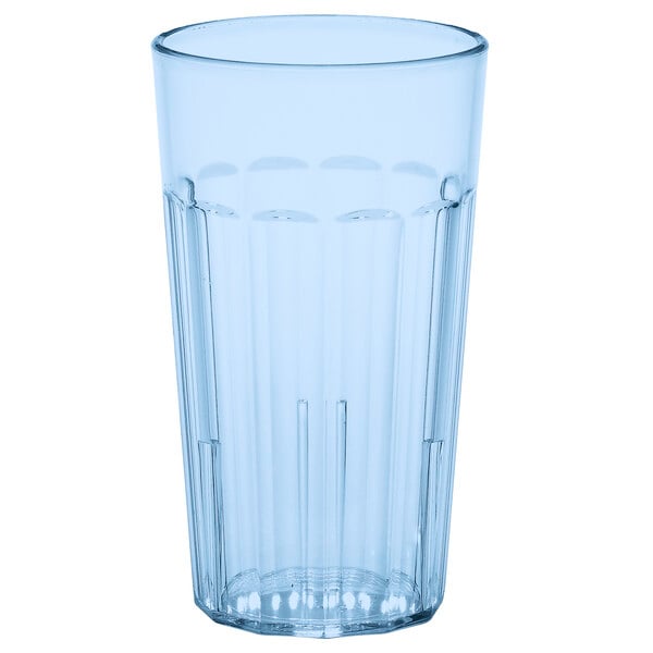 A clear plastic tumbler with a blue rim.
