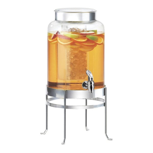 A glass beverage dispenser with a silver lid and stand, featuring an ice chamber and a spigot, holding 2 gallons.