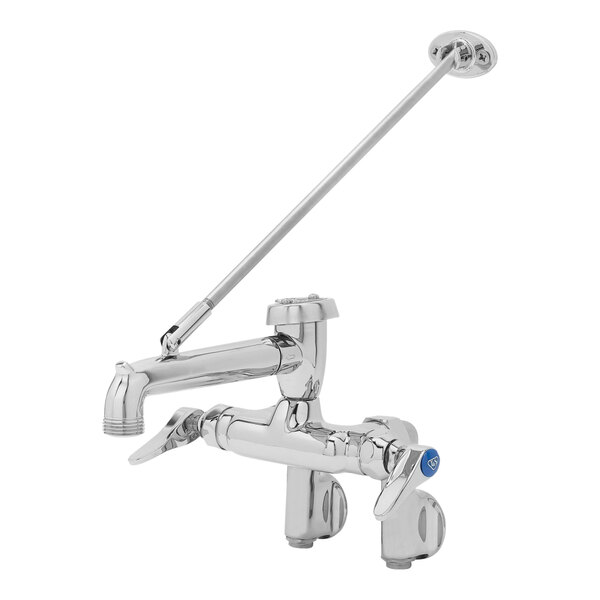 A T&S polished chrome wall mounted service sink faucet with lever handles.