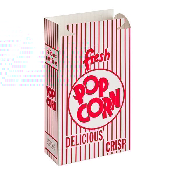 A red and white striped Great Western popcorn box.