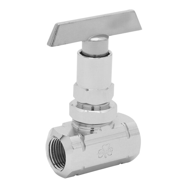 A silver T&S stainless steel ball valve with a t-handle.