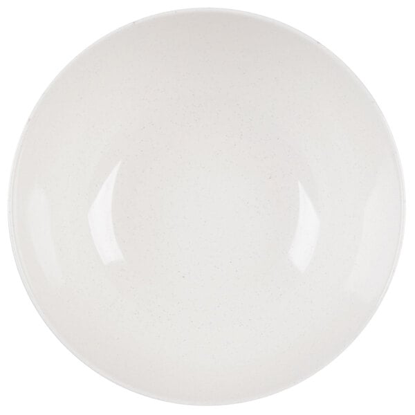 A blue melamine bowl with a speckled design on the rim.