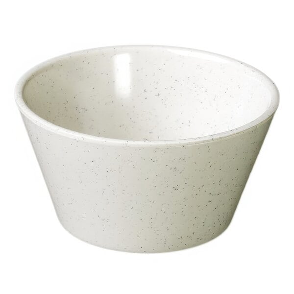 A white Thunder Group San Marino melamine bouillon cup with speckled specks.