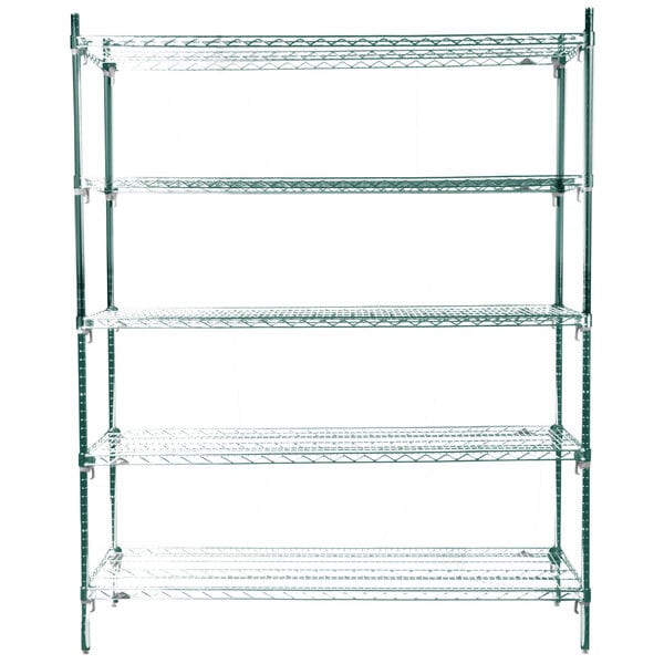 A green Metro wire shelving unit with four shelves.