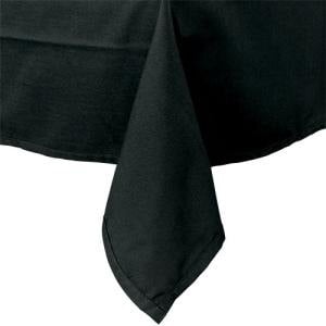 A white rectangular table with a black Intedge table cloth.