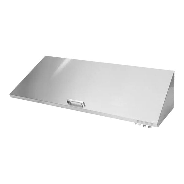 A stainless steel rectangular lid with a handle in the center and control knobs on one side.