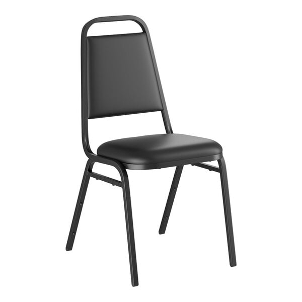 A black stackable banquet chair with a 1-inch padded seat and metal frame.
