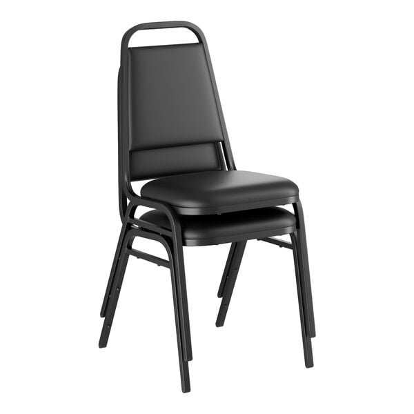 A black stackable banquet chair with a 1-inch padded seat.