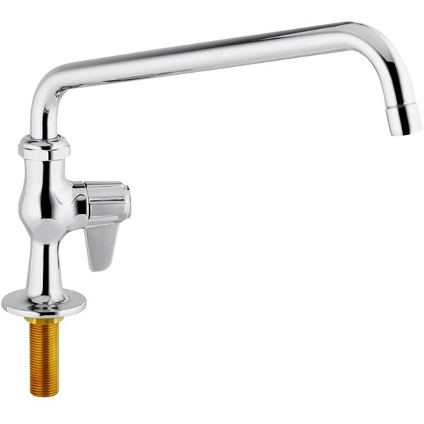 a silver faucet with a gold screw