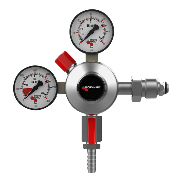 A Micro Matic Premium Plus double gauge nitrogen low-pressure regulator with a red indicator.