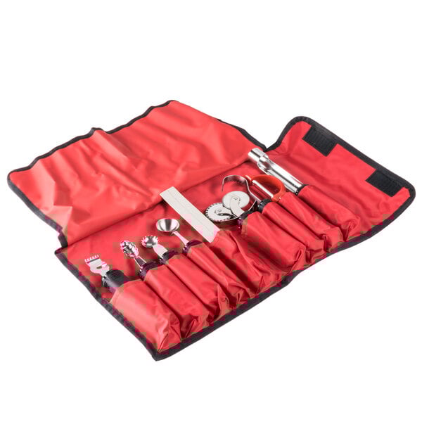 A Tablecraft Garnishing Kit in a red bag with tools.