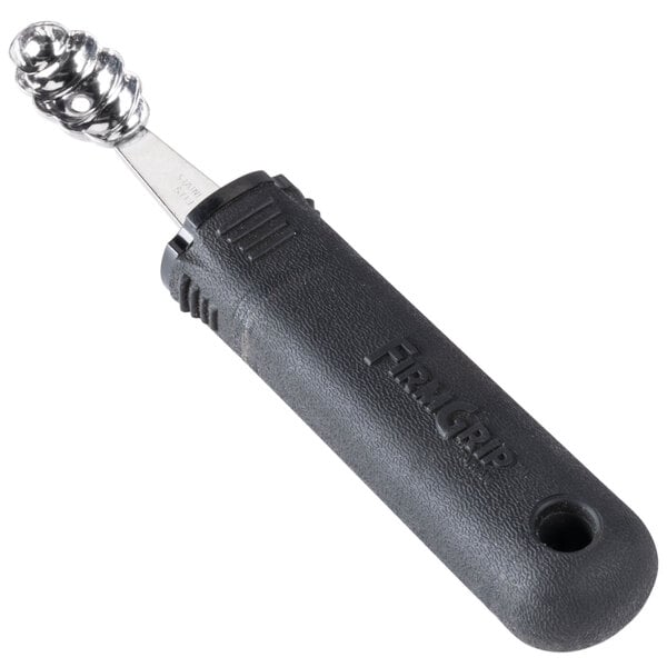 A close-up of a Tablecraft FirmGrip garnishing tool set with black and metal tools.