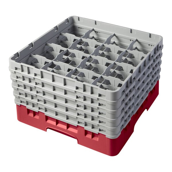A red and gray 16-compartment glass rack with five extenders, designed for washing and transporting glassware.