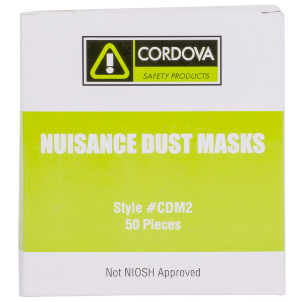 A box of Cordova General Purpose Nuisance Dust Masks on a counter with a yellow and black label.