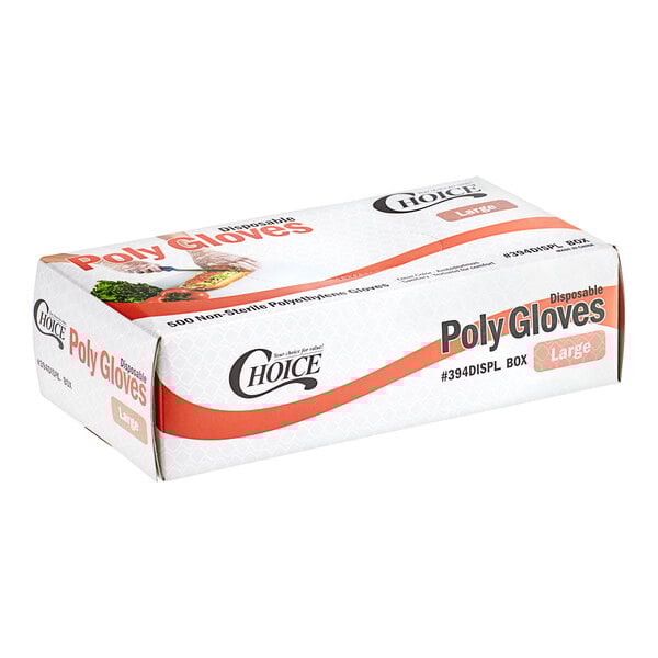 A white box of Choice Disposable Poly Gloves for Food Service with red and white text.