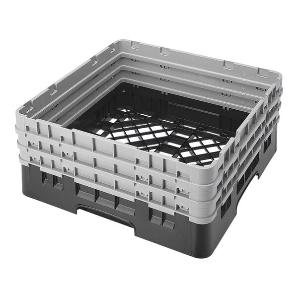 A black and gray full-size plastic base rack with closed sides and three extenders, designed for dishwashing or storage.