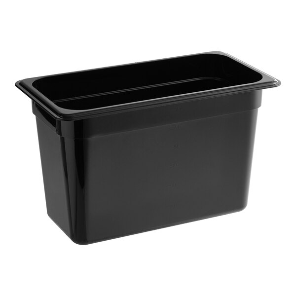 A Carlisle black polycarbonate food pan with a lid.