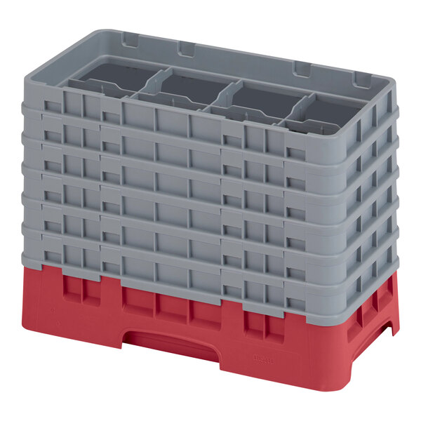 A red and gray plastic Cambro glass rack with extenders.