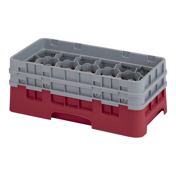 A red and grey plastic Cambro half size glass rack with compartments for 17 glasses.