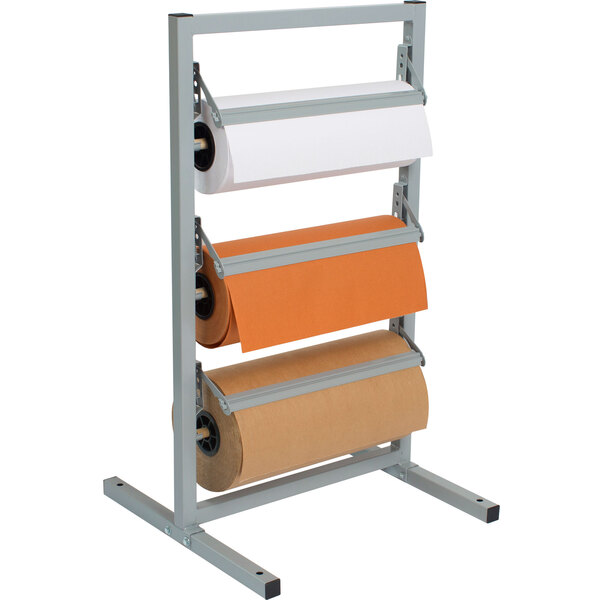 A Bulman paper rack with three paper rolls on it.