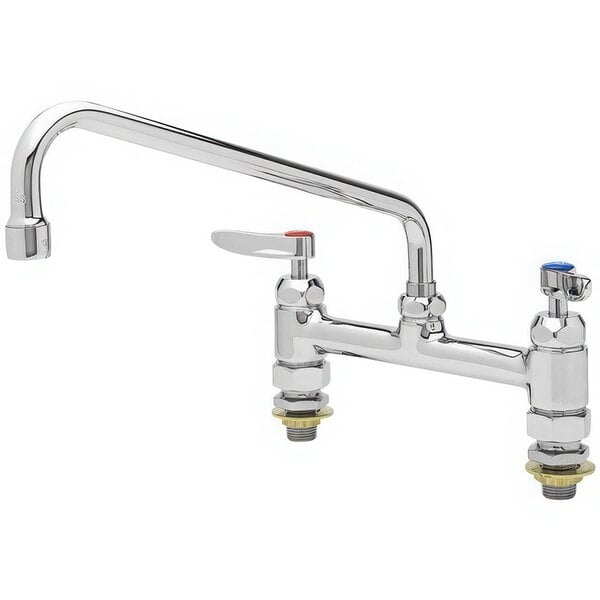 A silver T&S deck-mount faucet with two chrome handles and red and blue buttons.