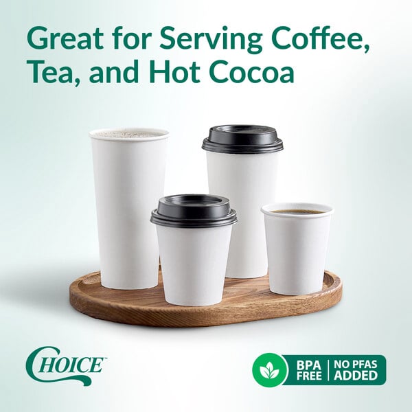 Multiple paper cups sitting on a wood tray with a green and white background and marketing text.