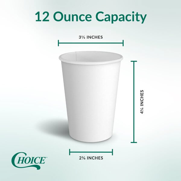Choice white paper cup shown with cup measurements and a green and white background.