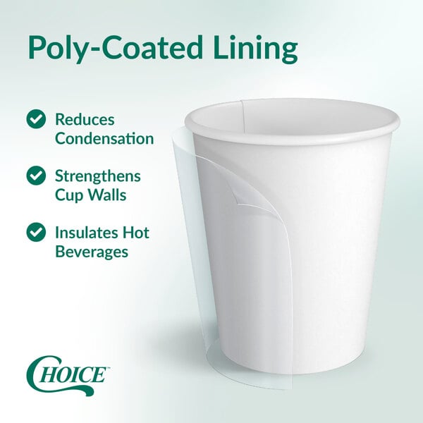 A white 12 oz. poly-coated paper cup on a green and white background with marketing text around it.