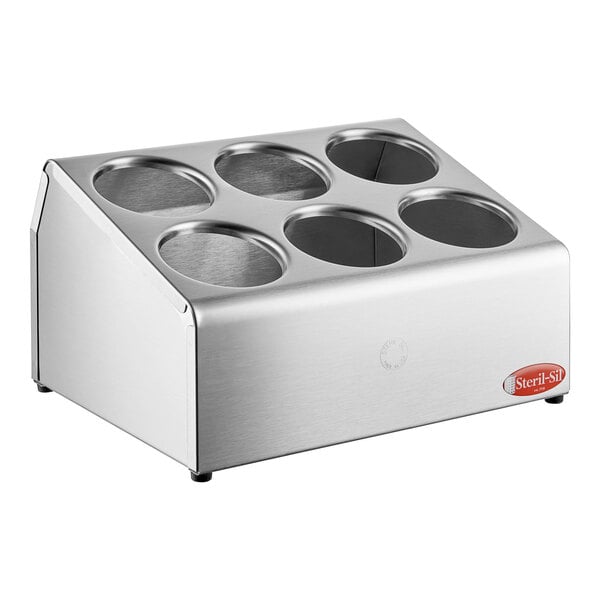 A Steril-Sil stainless steel flatware organizer with 6 cylinders.