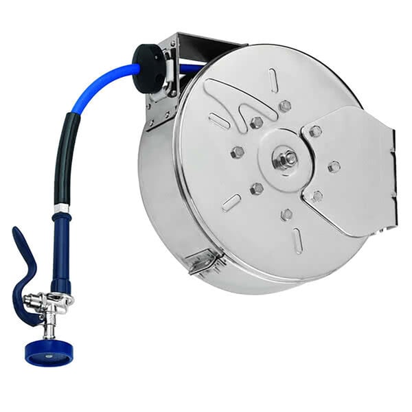 A silver and blue T&S hose attached to a metal hose reel.