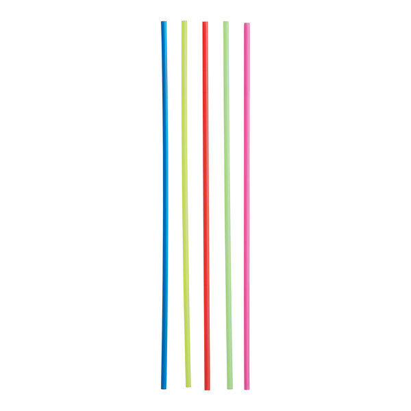 A group of neon beverage stirrers in blue, green, pink, and red.
