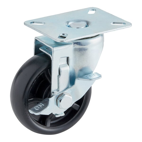 A close-up of an Avantco swivel plate caster with a black and silver metal wheel.