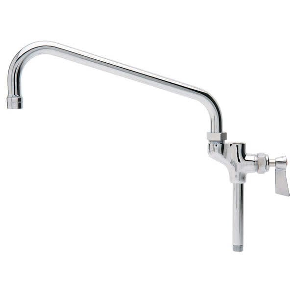 a long silver faucet with a curved neck