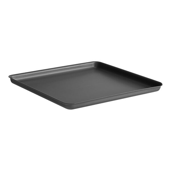 An American Metalcraft black hard coat aluminum square pizza pan on a counter.