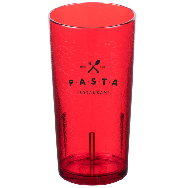 A close up of a red Cambro plastic tumbler with the word "pasta" on it.