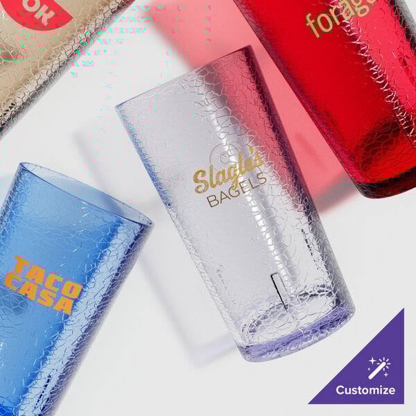 A close-up of a red Cambro plastic tumbler.