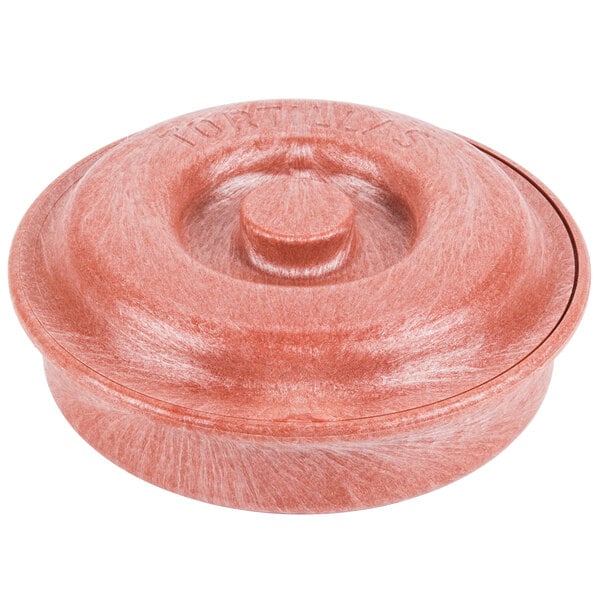A red plastic round HS Inc. "Tortilla Pleezer" container with a lid.