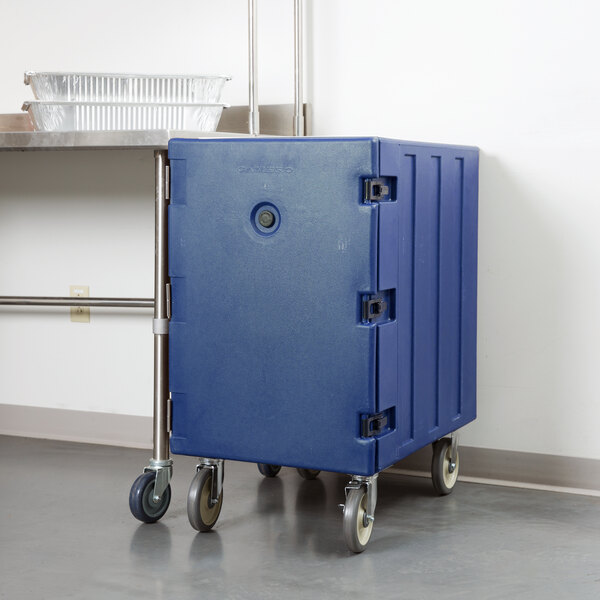 a blue container on wheels