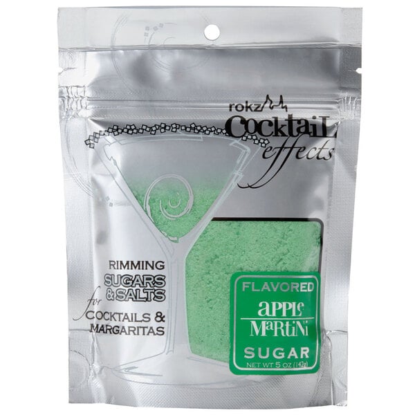 A close-up of a bag of Rokz apple cocktail rimming sugar.