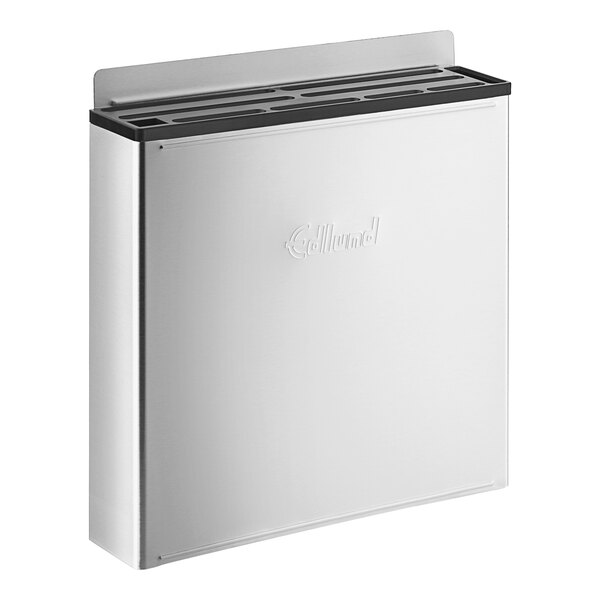 A stainless steel knife rack with an open back and black accents.