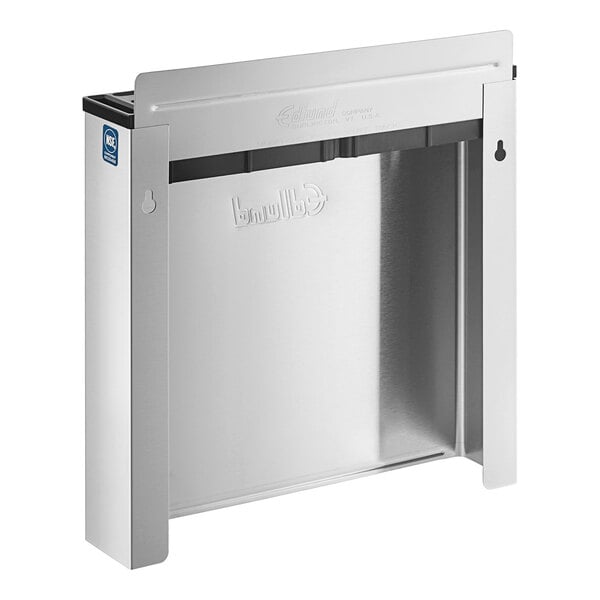 A stainless steel rectangular knife rack with an open back and black handle.