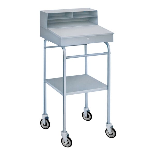 A white Winholt mobile receiving desk with shelves and wheels.